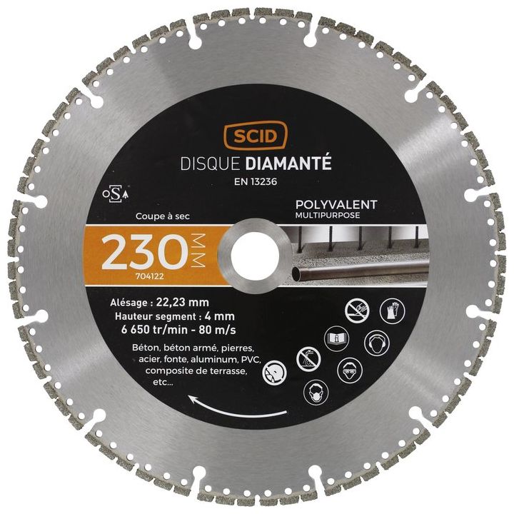 Disque diamant segmenté à tronçonner - Ø 230 mm - Tous matériaux - SCID