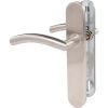 Poignée de porte sur plaque inox brossé - Bec de cane - Entraxe fixation 165 à 195 mm - Béquille courbé - Exem